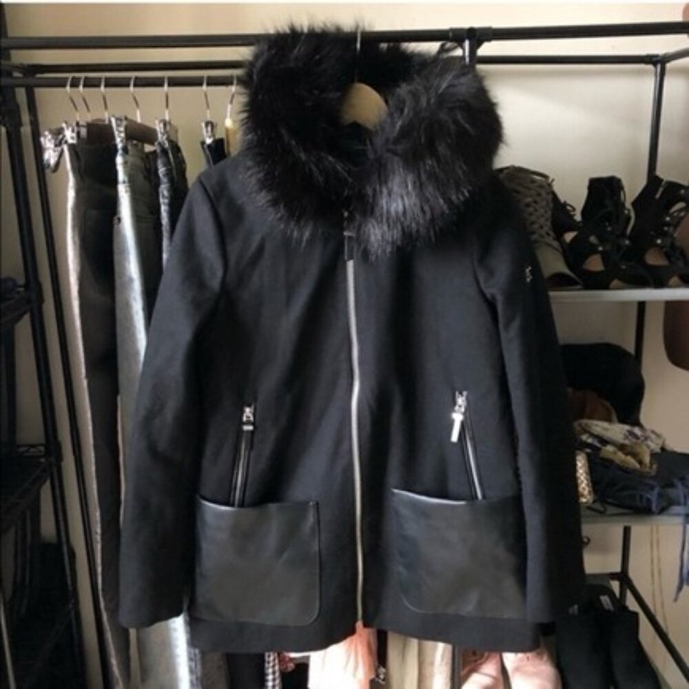 Calvin Klein Black Wool Blend Faux Fur Trim Coat With Faux Leather Front Pockets - Picture 2 of 4